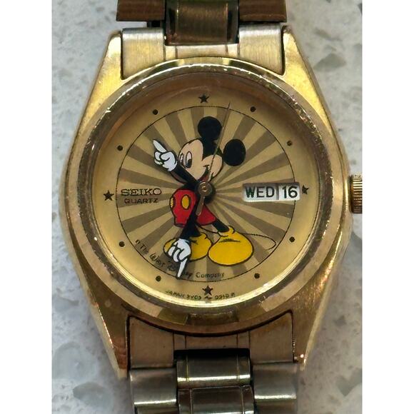 VTG Seiko Mickey Mouse Watch Women Gold Tone Sunburst Date 4858 - Picture 2 of 4